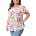 thumbnail image 4 of Agnes Orinda Women's Plus Size Floral Top Front Lace Hollow Crew Neck Short Sleeve Blouse Summer Casual Shirt 3X White, 4 of 7