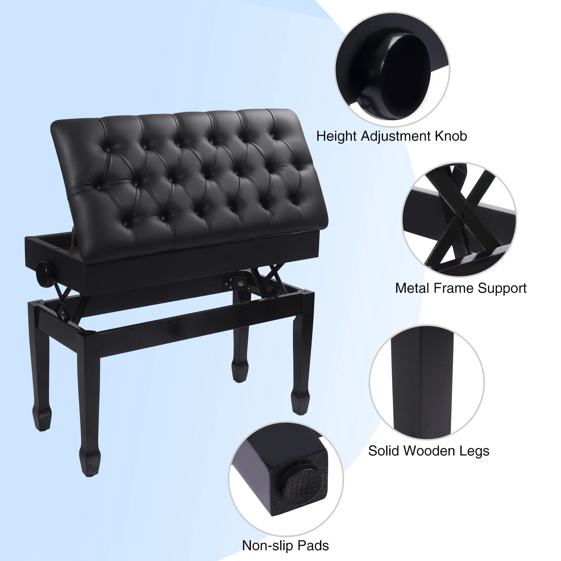 Adjustable Duet Piano Bench With Storage Heavy Duty Wooden Double Keyboard Seat Pu Leather Cushion Black