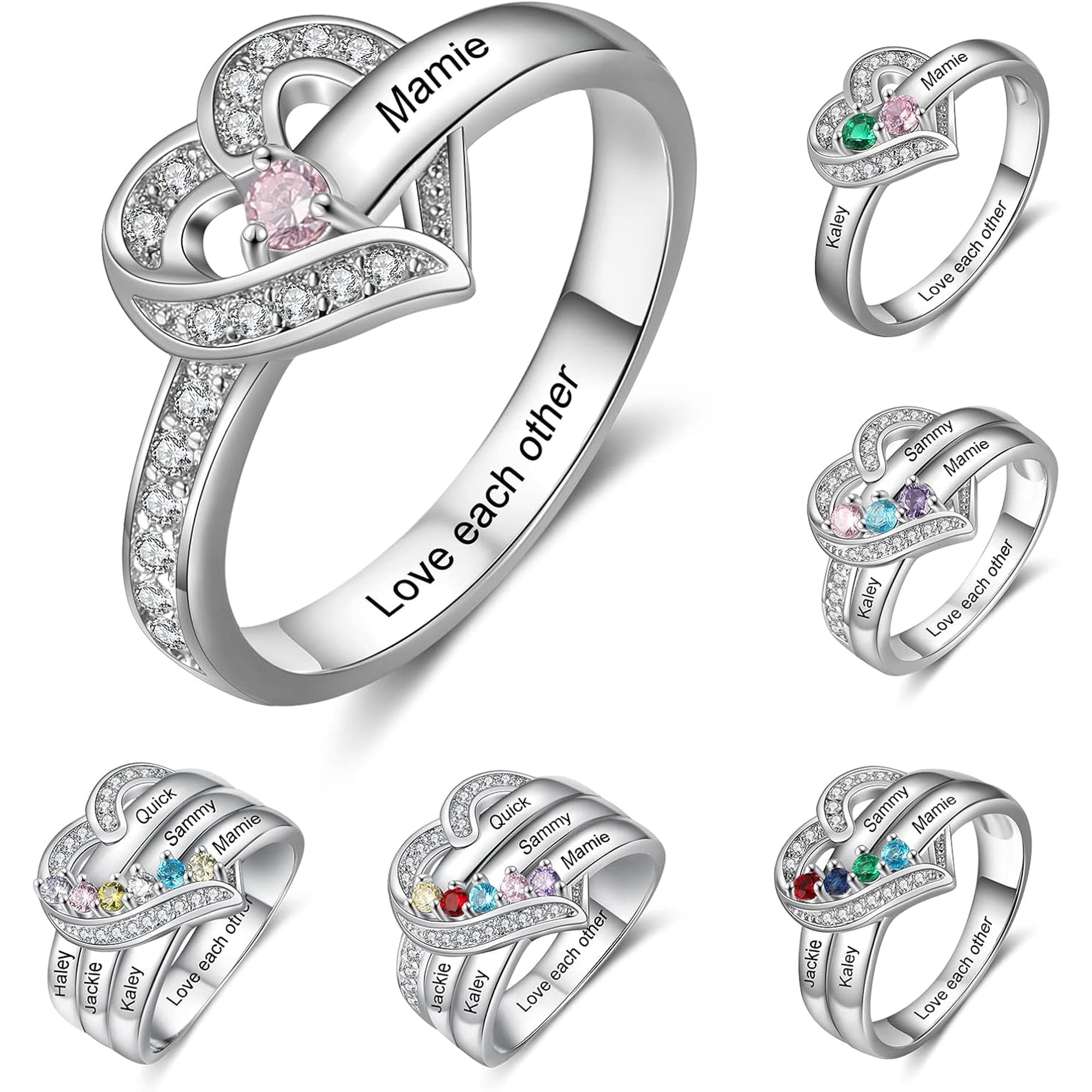 Personalized Mother's Birthstone Ring with Engraved Names | Customize this family ring with 1-6 birthstones and engraved names, available in sizes 6-9 for a meaningful gift
