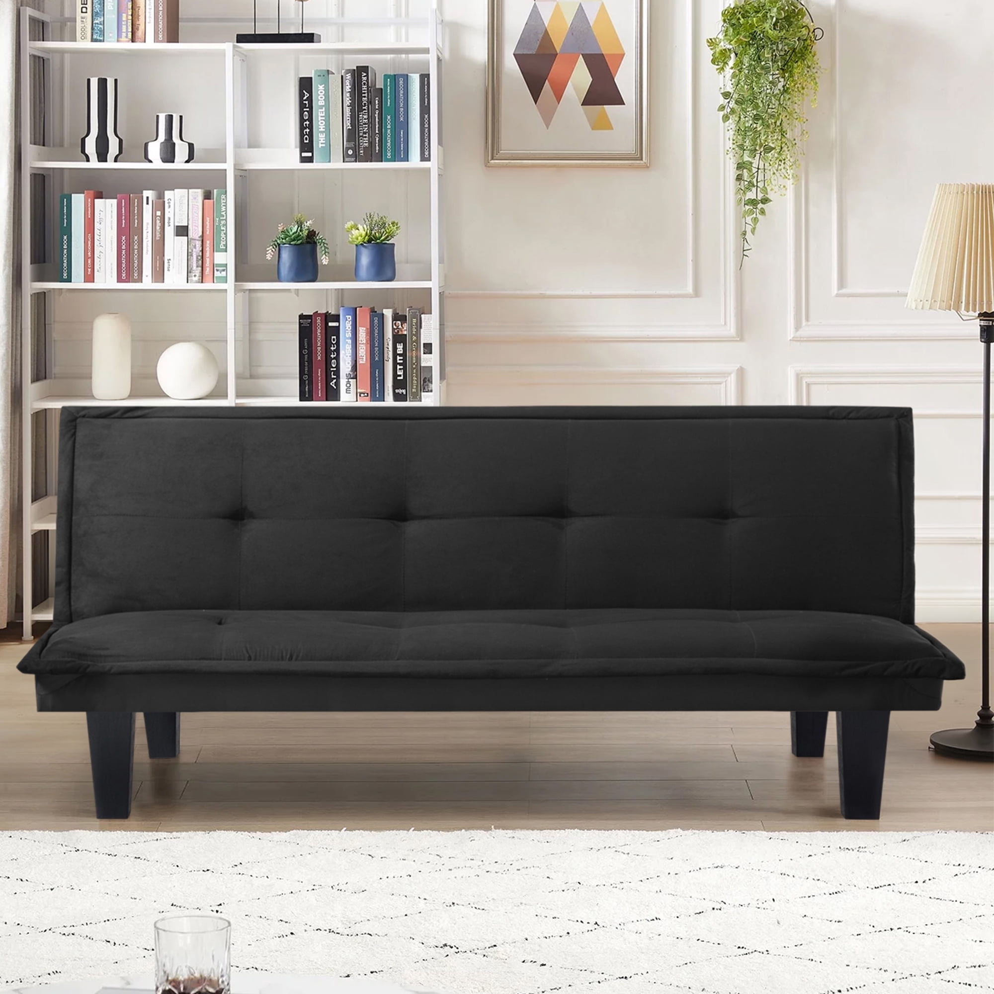 Modern Faux Suede Convertible Futon Sofa Bed,Upholstered Futon Couch with 3 Adjustable Backrest Angles,Suitable for Apartment,Living Room,Small Space,Black