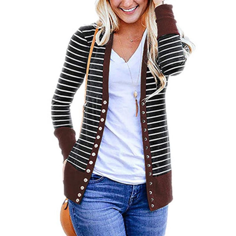 Women's Long Sleeve Striped Snap Button V Neck Cardigans