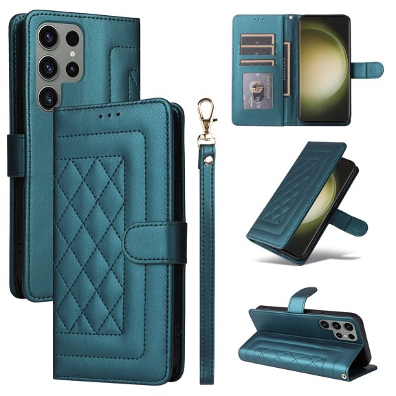Compatible with Samsung Galaxy S22 Ultra Case, Premium Leather Wallet Book Case Magnetic Flip RFID Blocking Credit Card Holder Kickstand with Wrist Strap Shock Absorbing Case, Darkgreen