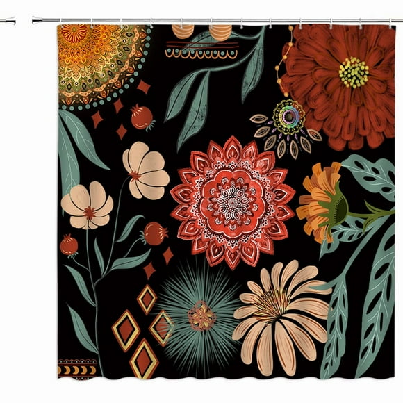 Rideau de Douche Tropical Boho Blossom - Décor Moderne en Tissu Aquarelle Floral du Milieu du Siècle avec Crochets, Noir Sarcelle Rouge