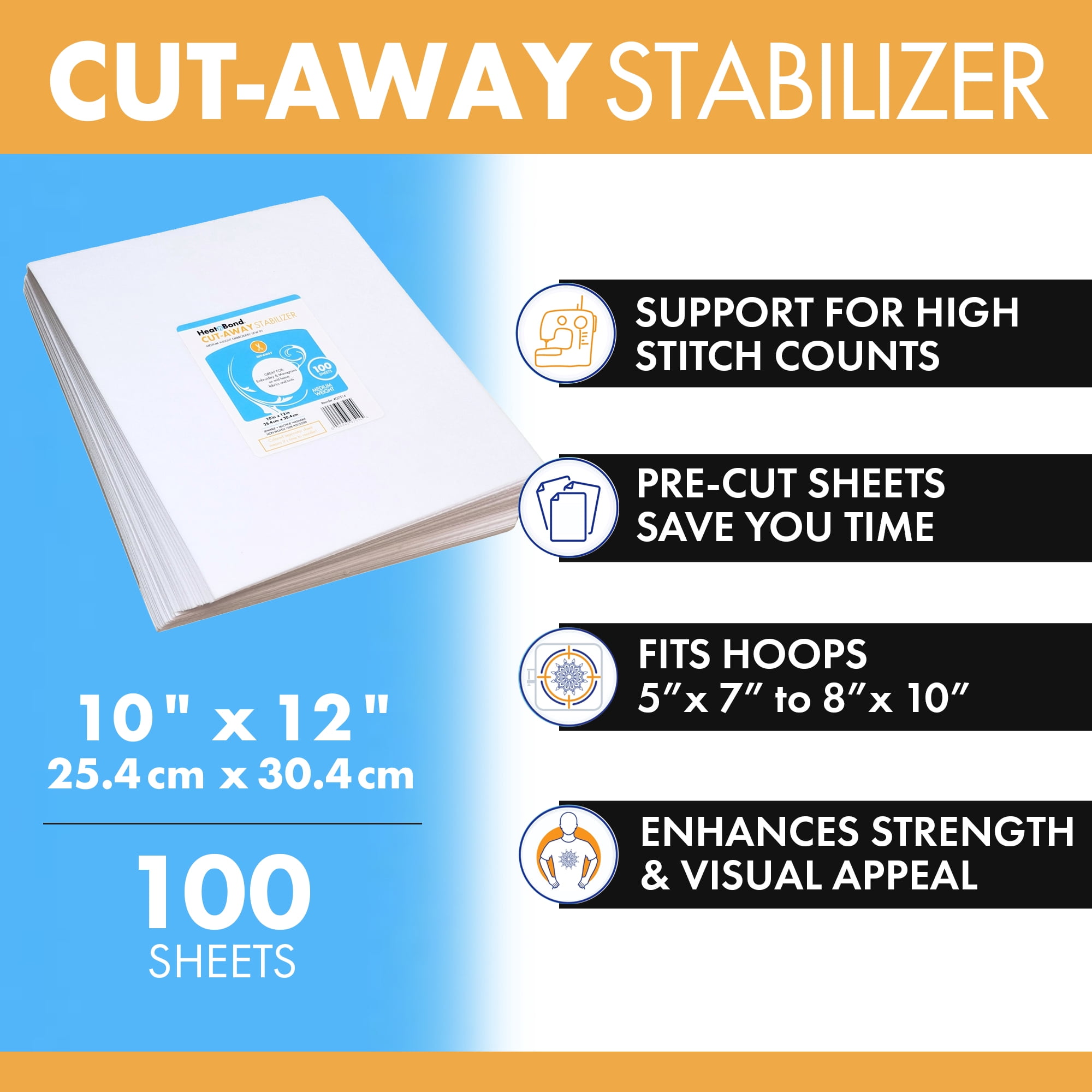HeatnBond Cut Away Machine Embroidery Stabilizer - 10 in x 12 in Sheets, Medium Weight 2.5 Ounces - Pack of 100