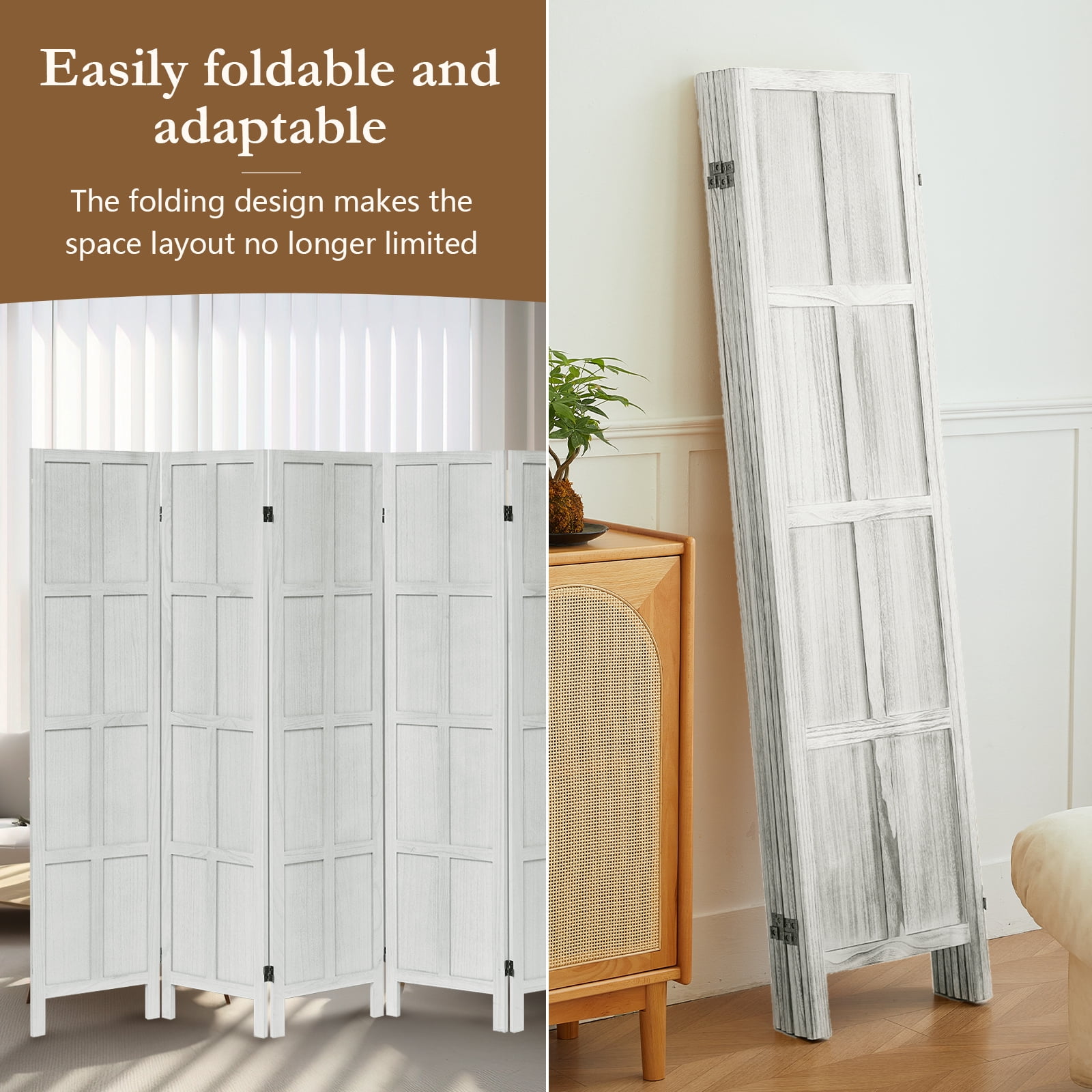 Aletheiawu 6 Panel Room Divider Wall and Folding Privacy Screens, No Installation Required, White