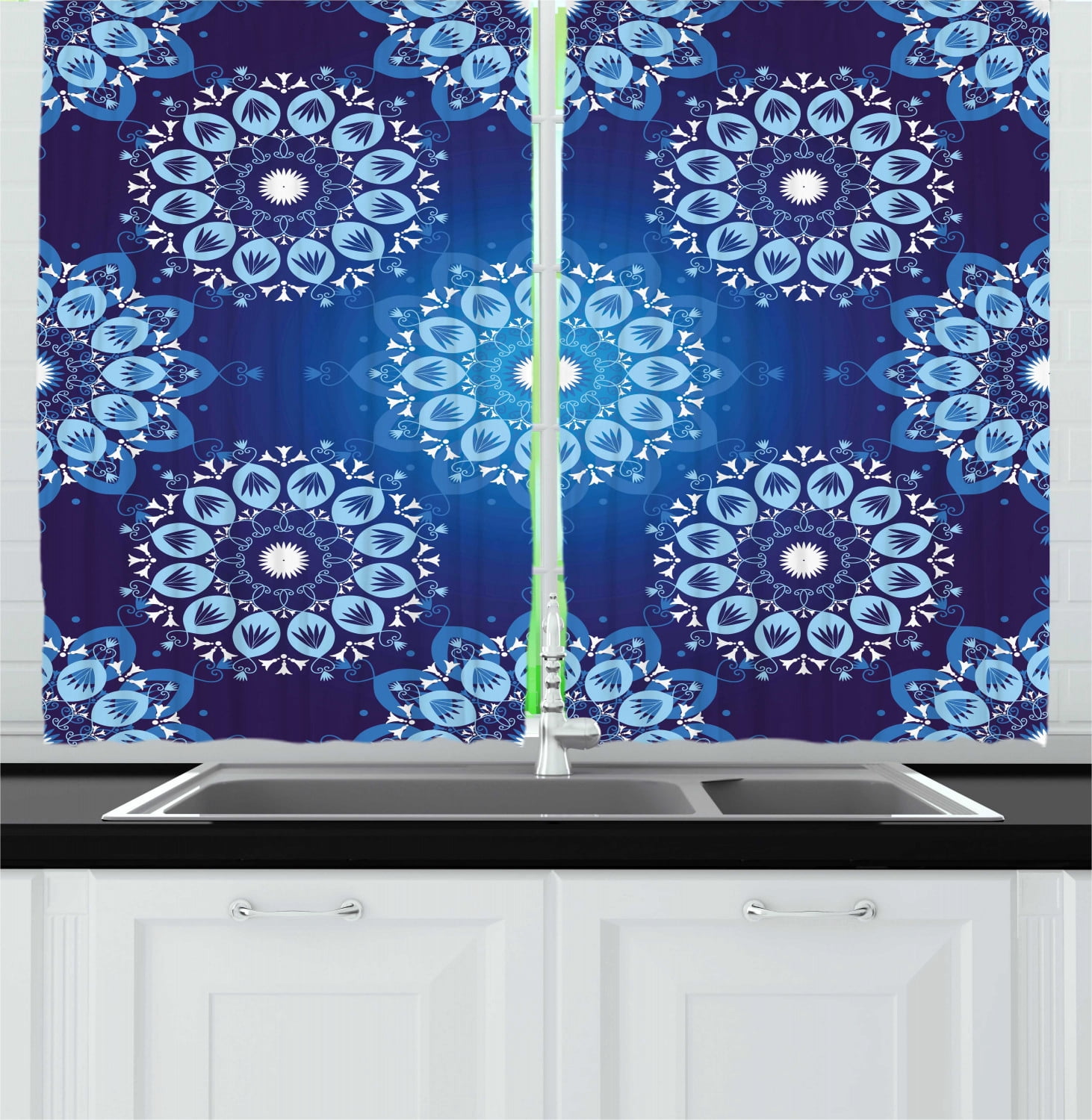 Dark Blue Curtains 2 Panels Set, Vintage Christmas Pattern with Lace Like Snowflake Motifs Romantic, Window Drapes for Living Room Bedroom, 55W X 39L Inches, Dark Blue Sky Blue White, by Ambesonne