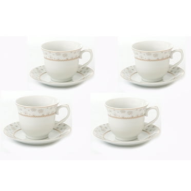 Elegant Durable and Colorful Porcelain Tea-Coffee Cups and Saucers Set - Gold Floral, Set of 4, 8 oz.