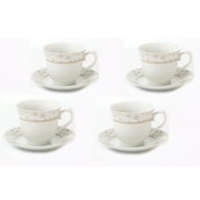 Elegant Durable and Colorful Porcelain Tea-Coffee Cups and Saucers Set - Gold Floral, Set of 4, 8 oz.