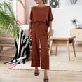 thumbnail image 3 of Efsteb Women's Two Piece Outfits Short Sleeve Loose Round Neck Tops Wide Leg Pants Business Casual Suits with Pockets (Brown,L), 3 of 7