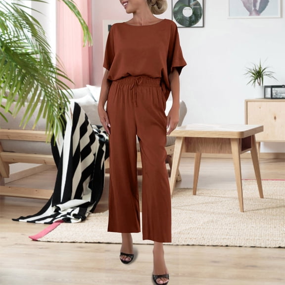 Heisall Two Piece Outfits for Women Short Sleeve Top and Long Pants Casual Matching Set with Pockets Summer Wear