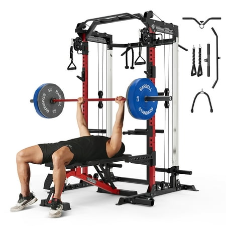Mikolo Power Rack Cage, Weight Rack with Dual Pulley Cable Crossover Machine,Multi-Function Squat Rack with J Hooks,Dip Bars and Landmine for Home Gym (Red)