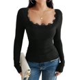 thumbnail image 1 of Camisetas de Larga para Mujer, Informales, Ajustadas, con Cuello Redondo de Encaje y Punto Acanalado, Tendencia de Otoño 2025. Negro XL, 1 of 9