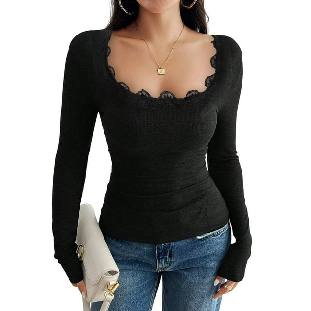 Camisetas de Larga para Mujer, Informales, Ajustadas, con Cuello Redondo de Encaje y Punto Acanalado, Tendencia de Otoño 2025. Negro XL