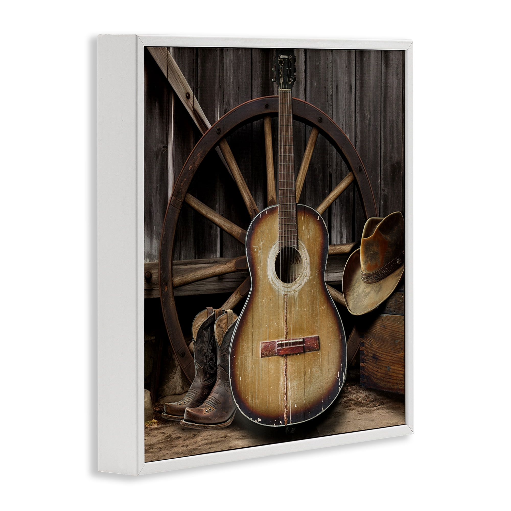 Stupell Industries Rustic Western Guitar with Hat White Framed Giclee Art, design by CAD Designs