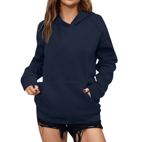 Enjoytime Womens Hoodies Solid Color Long Sleeve Crewneck Sweatshirt Casual Loose Pullover Tops Fashion Fall Winter Clothing for Women Navy S