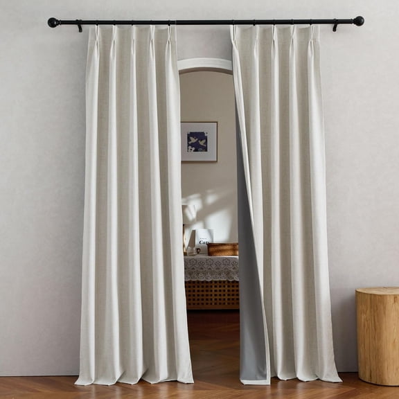 NICETOWN 100% Blackout Oatmeal Pinch Pleated Curtains for Bedroom, Thick Linen Blend Thermal Insulated Farmhouse Drapes for Living Room, W66 x L84, 2 Panels