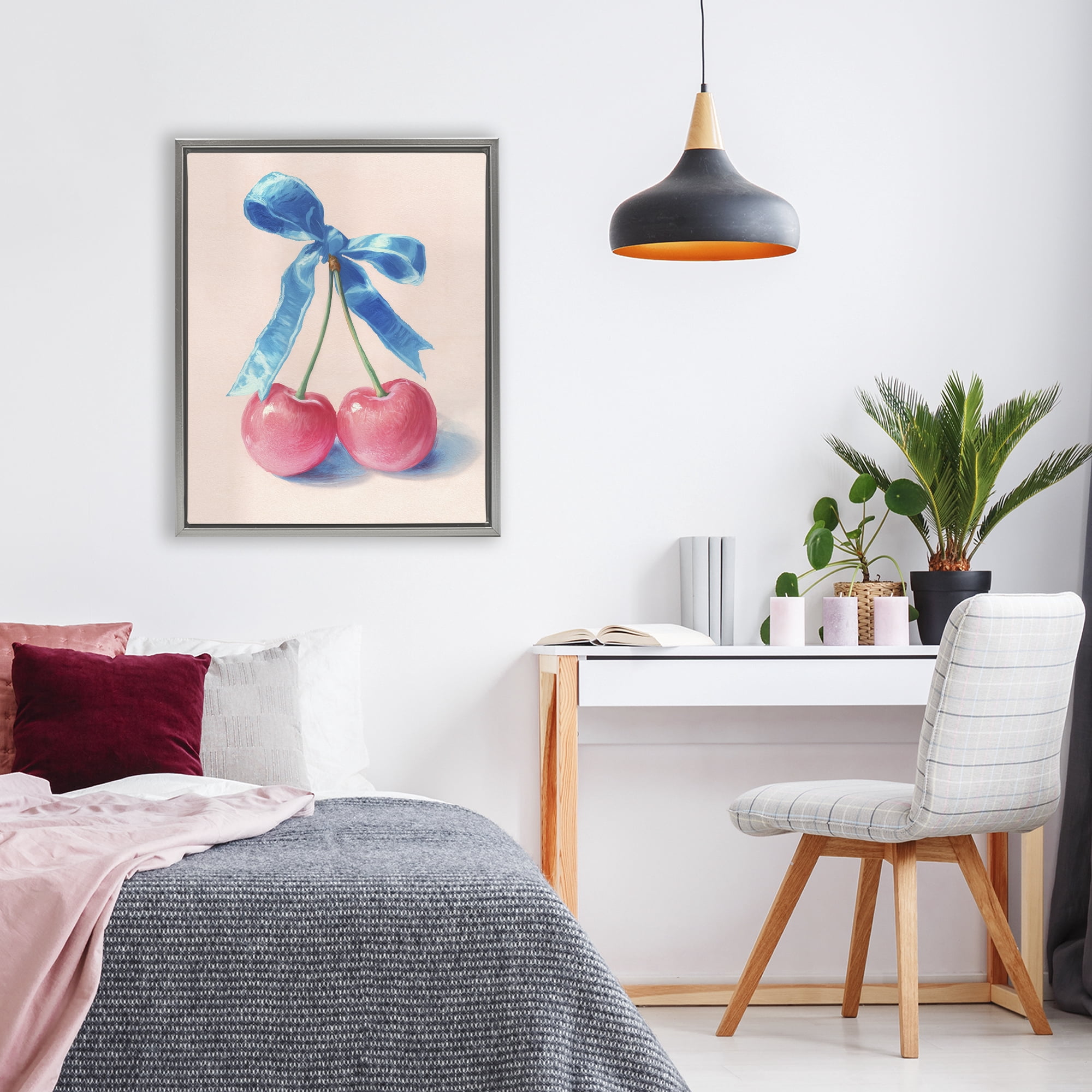 Stupell Industries Twin Cherries with Blue Ribbon Gray Framed Floater Canvas Wall Art, design by Imagine It Images