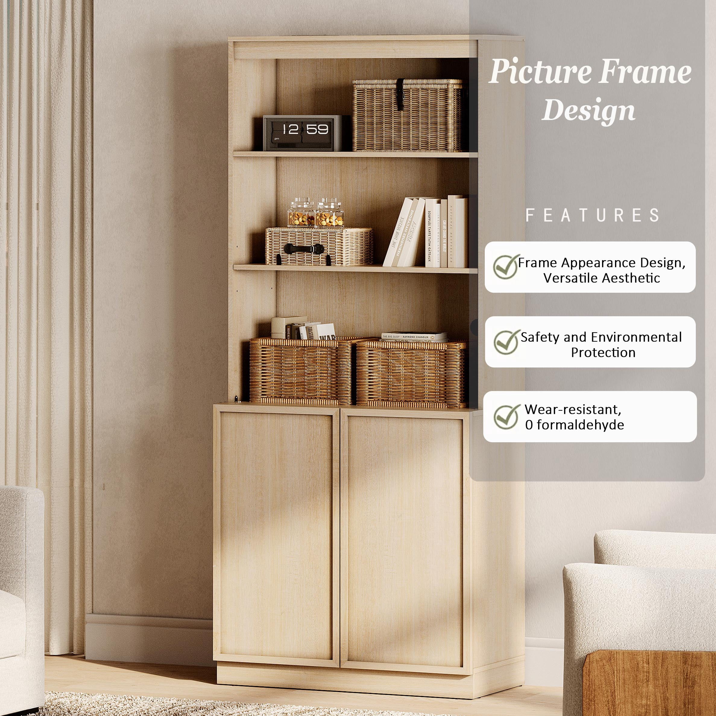 Modern 72" Tall Bookshelf with Storage Cabinet and Open Book Shelves, Wood Book shelf for Home Office, Living room,Beige