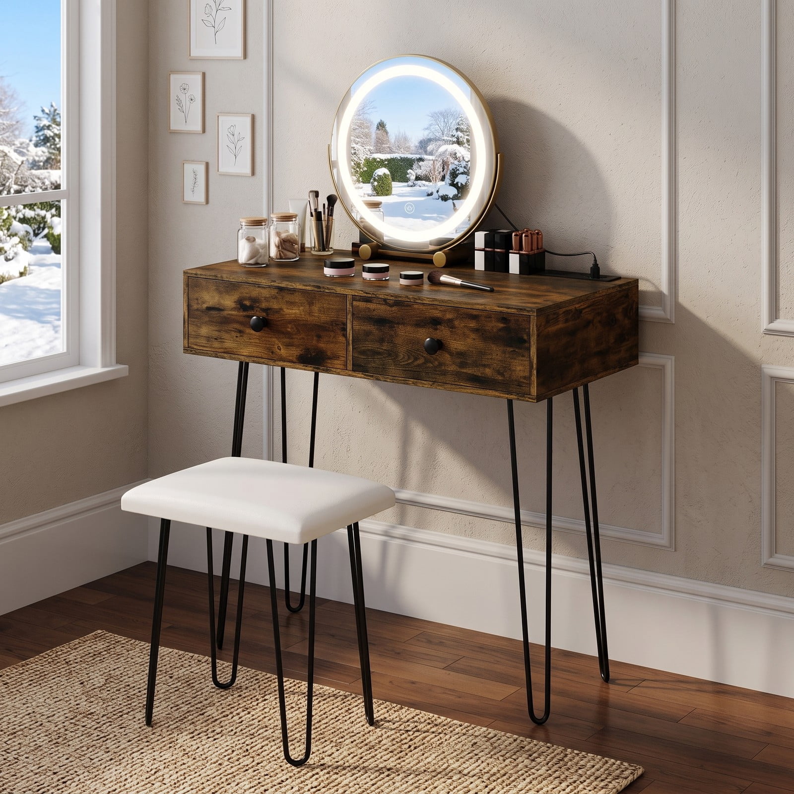 Furnibear Vanity Desk with Lighted Adjustable Mirror, Makeup Dressing Table with 2 Drawers, Outlets and Cushioned Stool for Bedroom, Rustic Brown