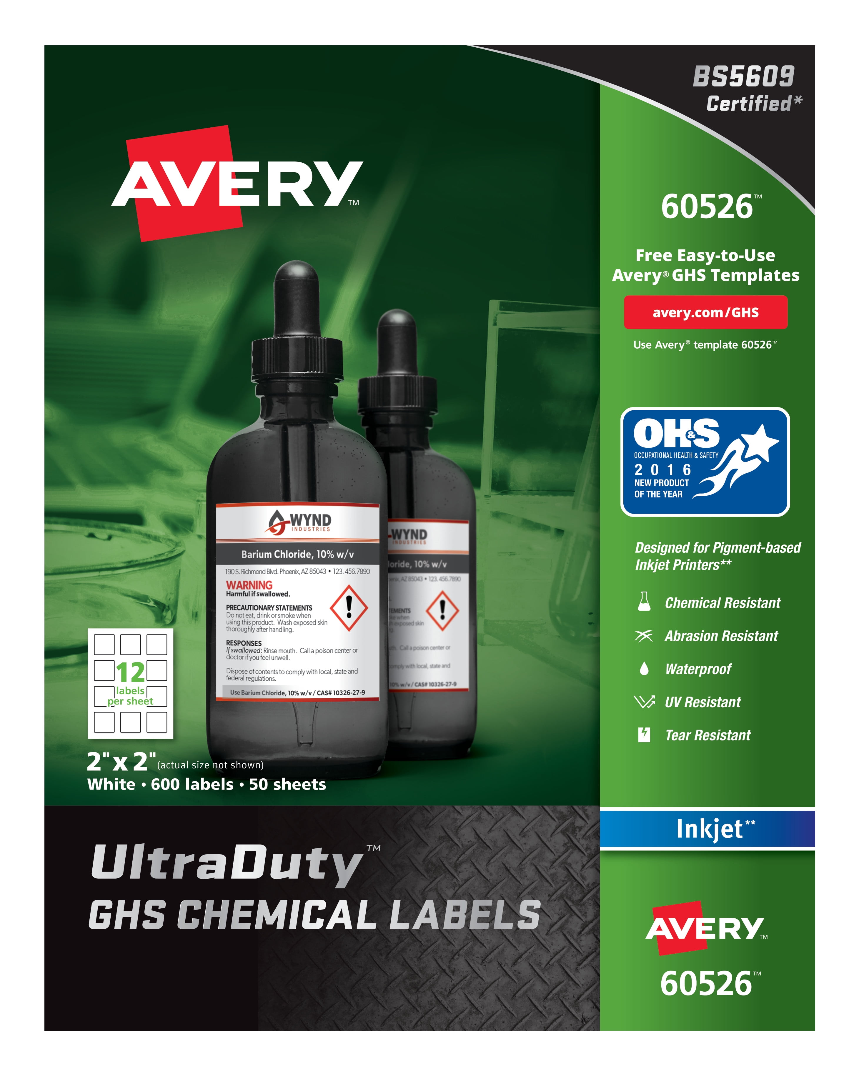 Avery UltraDuty GHS Chemical Labels for Pigment Inkjet Printers, Permanent Adhesive, Waterproof, UV Resistant, 2