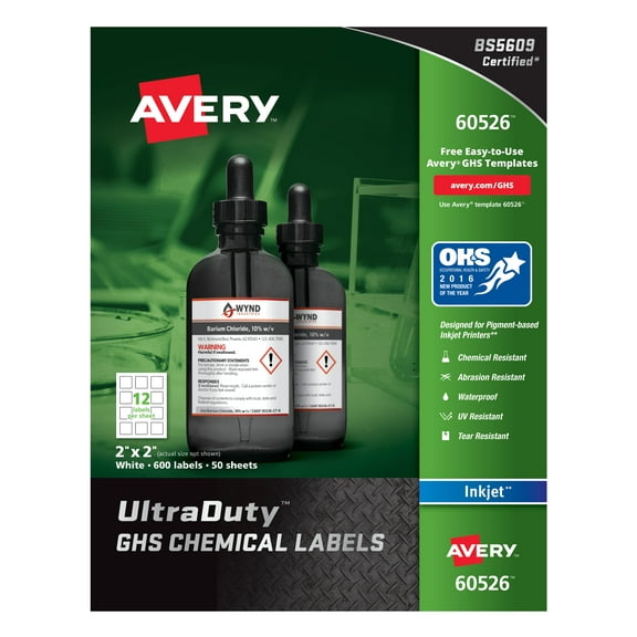 Avery UltraDuty GHS Chemical Labels for Pigment Inket Printers, Waterproof, UV Resistant, 2x2, 600Pk (60526)