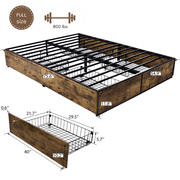Einfach Full Size Metal Platform Bed Frame with 4 XL Storage Drawers and Footboard, Unique Design, Brown