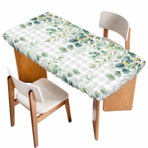Eucalyptus Leaves Table Cloths for 6 Foot Rectangle Tables, Summer Botanical Patio Waterproof Elastic Fitted Tablecloths, Washable Rectangular Table Cover for Camping