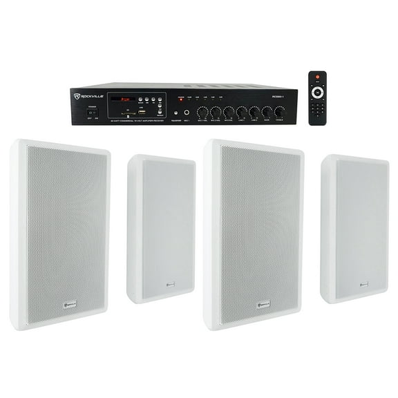 Rockville Commercial Amplifier (4) Slim White Restaurant/Bar/Cafe Wall Speakers