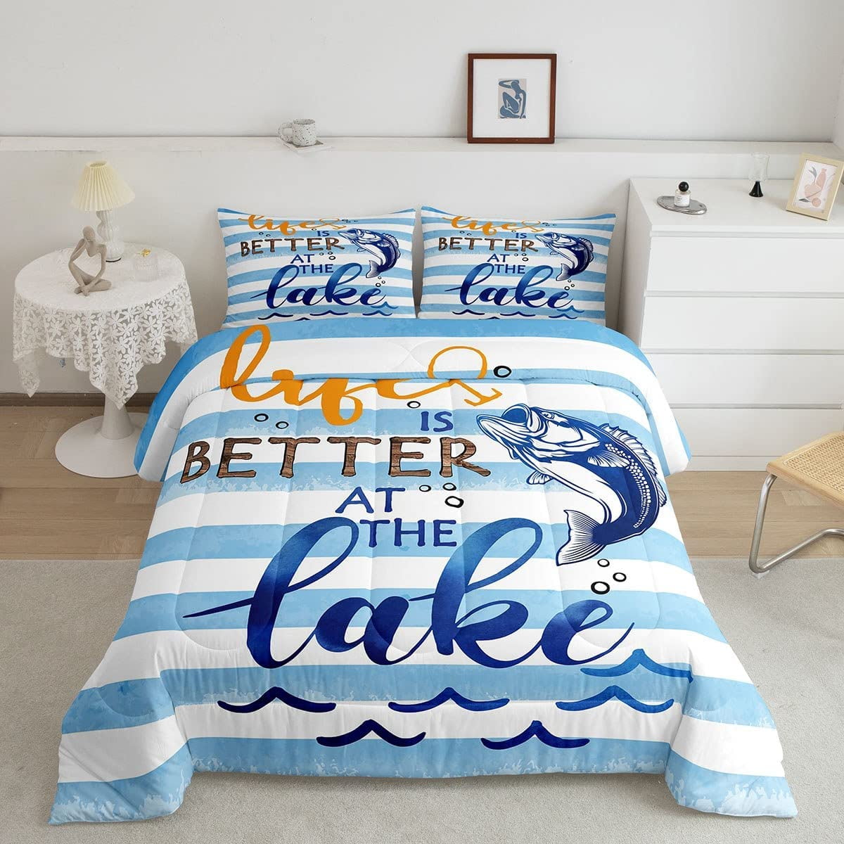 Kids Lake Rules Comforter Set Boys Girls Lake House Bedding Set Colorful Paddle Rudder Stars Bed