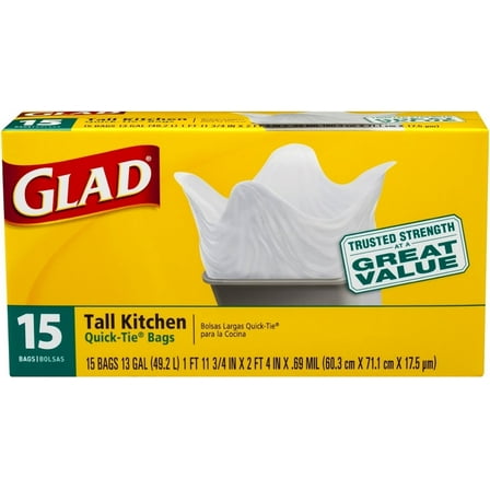Glad Quick Tie Tall Kitchen Bags, 13 Gallons, White 15 ea (Pack of 4)