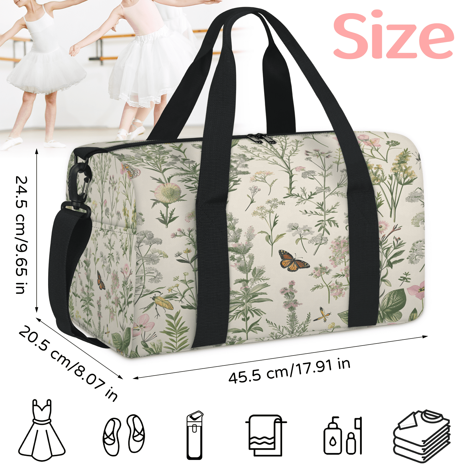 Herdesigns Wildflowers Botanical Floral Plant Travel Duffle Bag Sports Yoga Weekender Overnight Carry on Workout Bags Lightweight Waterproof Gym Tote Bag for Women