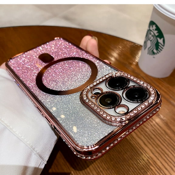 For Apple iPhone 14 Plus Magsafe Case Bling Glitter Plating TPU Diamond Frame Shockproof Soft Cover