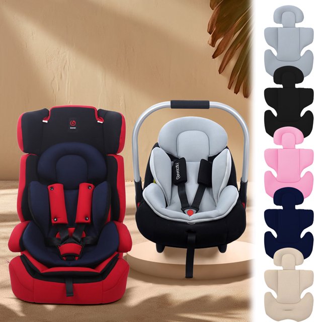 fiudx cojín para cochecito de bebé, multicolor — inserto acolchado contorneado con reposacabezas integrado y laterales de apoyo, tejido de fibra de poliéster transpirable y paneles acolchados; mostrado en un portabebés gris junto a un asiento infantil rojo/negro sobre fondo de estudio; uso versátil en asientos de coche, cochecitos (carriolas) y columpios, apto para lavar.