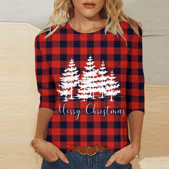 Puntoco Camiseta de mujer con cuello redondo, manga 3/4 y estampado navideño, jersey de cuello redondo, camiseta de manga larga con cuello redondo