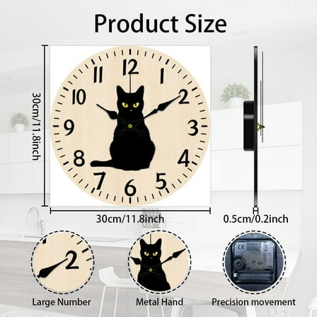 Black Cat Wall Clock Wall Clock Non-Ticking Clock Round Decorative Wall Clocks Printed Clocks for Home Living Room Bedroom Home Office Decoration