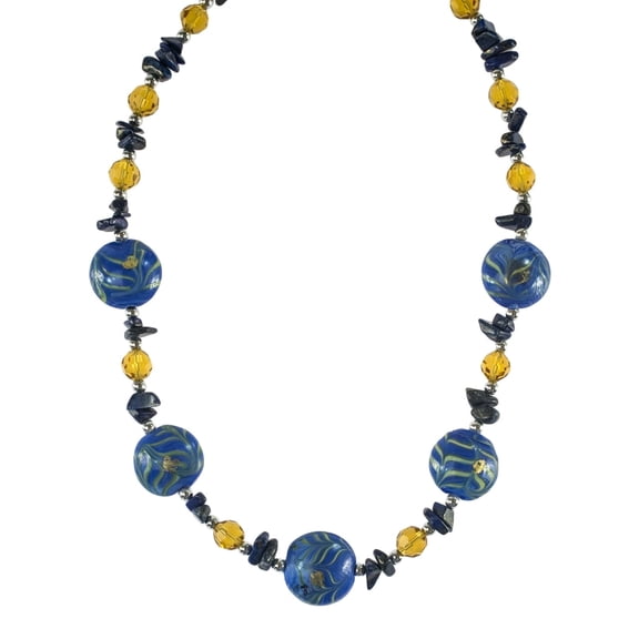 Handcrafted Ocean Wave Beaded Necklace with Agate and Jasper - Blue and Yellow Summer Statement Jewelry Necklace