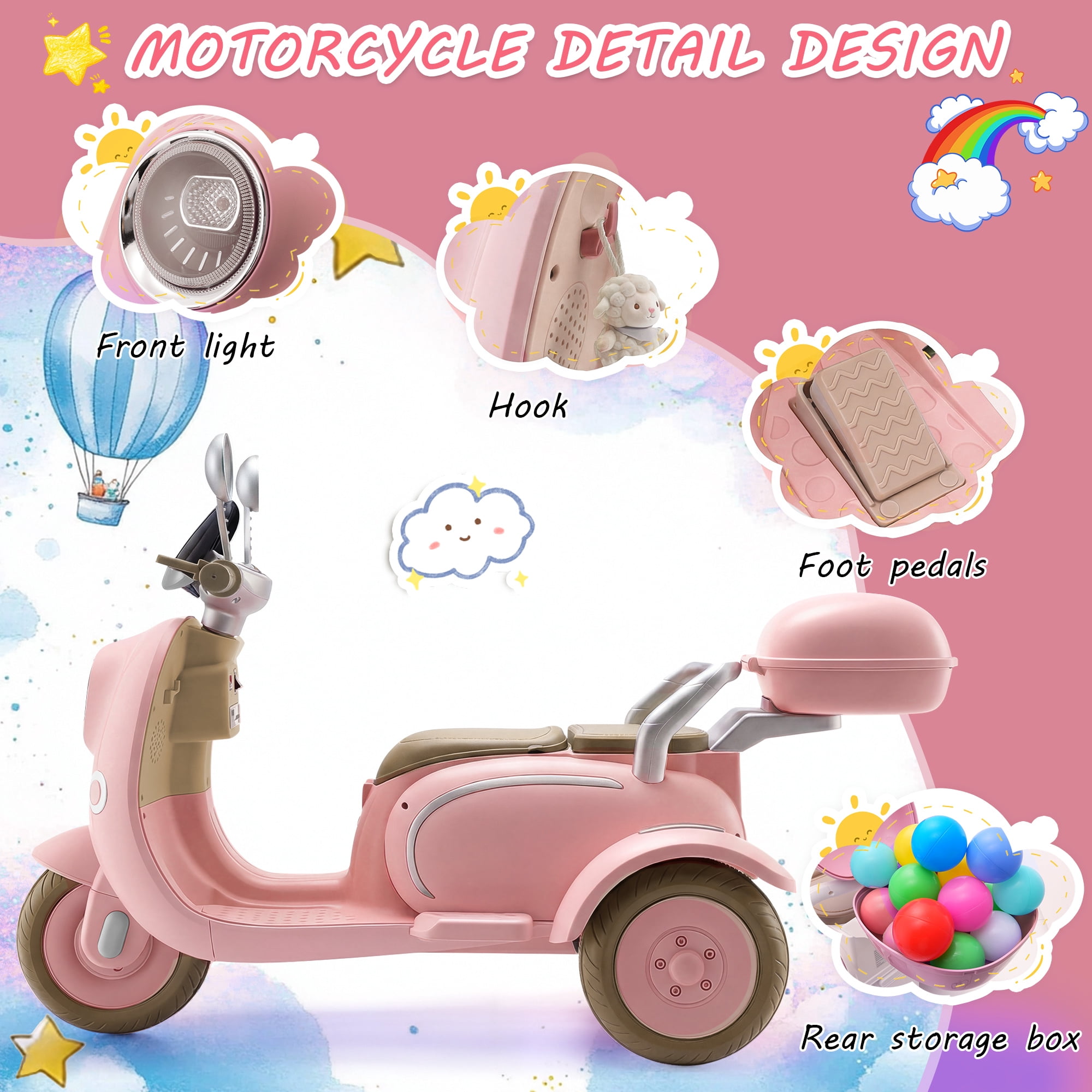 Farmdex 12V Kids Electric Motorcycle, 2 Seater Ride on Toys, 3 Wheel Ride on Motorcycle with Storage Box, USB, Music, LED Lights, Age 2+, Pink