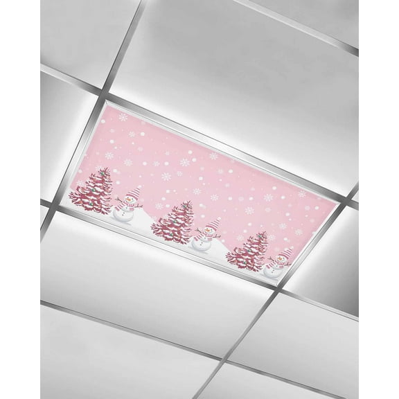 Pink Christmas Fluorescent Light Covers for Ceiling Lights 4x2 feet,1 Pack Magnetic Light Filters for Classroom,Winter Snowman Pine Tree Snow Scene Fluorescent Light Shade Panel for Office School