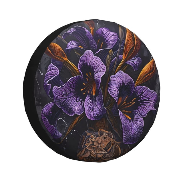 Fotbe Ornate Purple Floral Vase Funda de Llanta de Repuesto con Estampado, Engrosada, Ajuste Universal para Jeep, Remolque, RV, SUV, Camión-14 inch