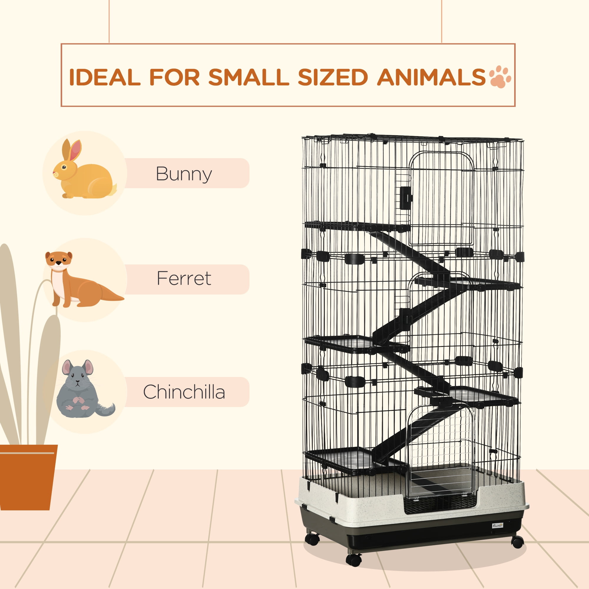 60" Small Animal Cage with Wheels, 6-Level Portable Bunny Cage, Chinchilla Ferret Cage with Removable Tray, Platforms and Ramps, Black