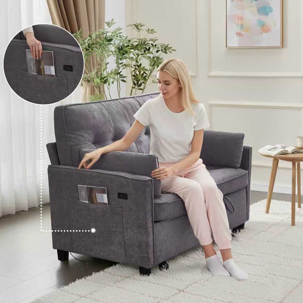 Convertible Sofa Bed,55" 3-in-1 Sleeper Sofa with Pull Out Bed,Sleeper Couch Loveseat with Adjustable Backrest,USB Charging Ports & Side Pockets for Living Room,Apartment,RV,Easy Assembly,Grey