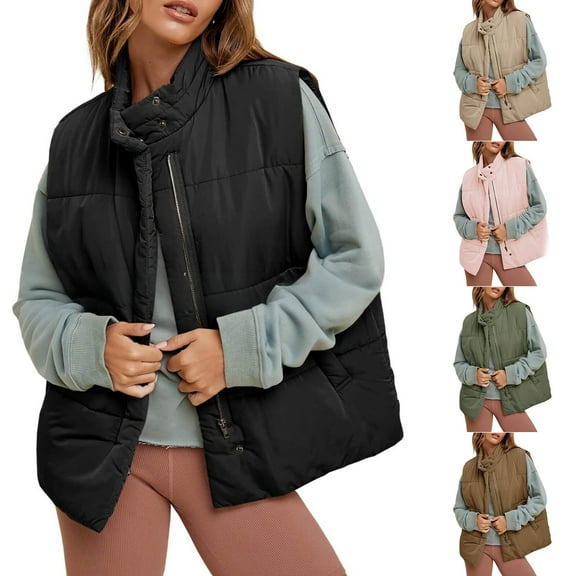 Miluxas Women's Sleeveless Warm Cotton Jackets Winter Solid Color Casual Stand Collar Zip up Vest Outerwear Pink XL(XL)
