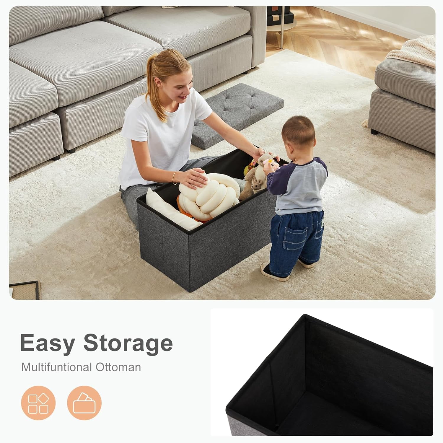 30" Folding Storage Ottoman Bench Storage Linen Footrest with Foam Padded Seat, Holds up to 330 lbs, Gray