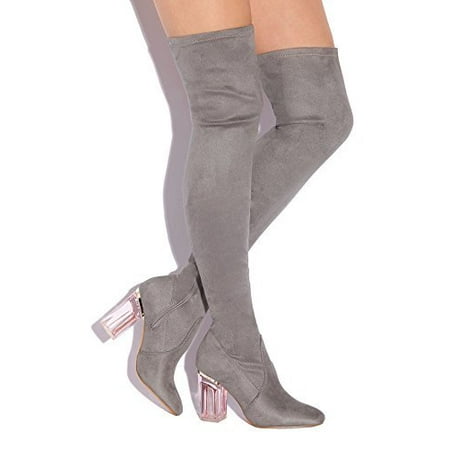 Cape Robbin Fay-2 Over The Knee Stretch Glass Heel Thigh High Boots (5.5, Grey Suede)