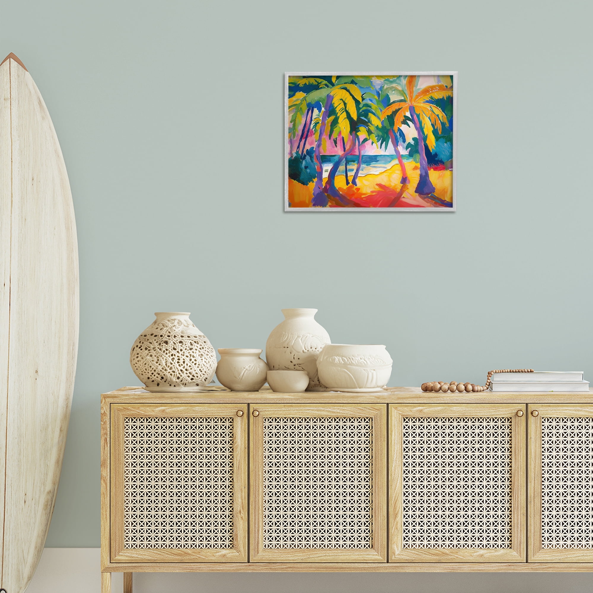 Stupell Industries Tropical Palm Paradise Coastal Painting Gray Framed Art Print Wall Art, 20 x 16