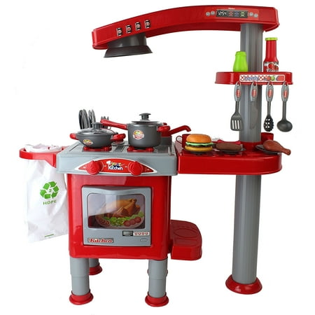 Your Kitchen & Grill Red Toy Kitchen Playset w/ Dishes, Toy Food, Utensils, Rotating Rinsing Action, Accessories, Rinsing Dishwasher Action, & Trash Bag Container