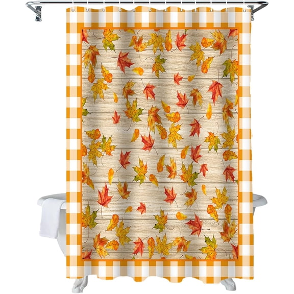 Fall Shower Curtain Maple Leaf Shower Curtains for Bathroom Orange Buffalo Plaid Wood Grain Bath Curtains Sets for Autumn Thanksgiving Seasonal Bathroom Decor Polyester Fabric Waterproof 72 x 72 in