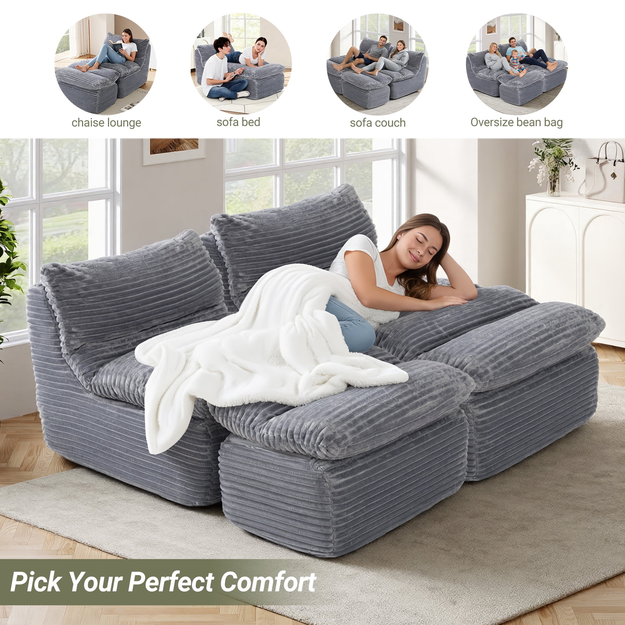 EOP Big Bean Bag Lounger Chairs Set of 2, Chaise Lounge Chairs Indoor, Comfy Upholstered Sleeper Sofa Beds with Compressed Memory Foam, No Assembly Required, Gray