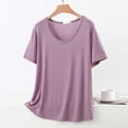thumbnail image 2 of Plus Size Women's Solid Thin Crew Neck Short Sleeve Sleep T-Shirt, Soft Elastic Basic Layering Blouse, Casual All Season Daily Indoor Home Loungewear | TruHer,Purple 5XL, 2 of 6
