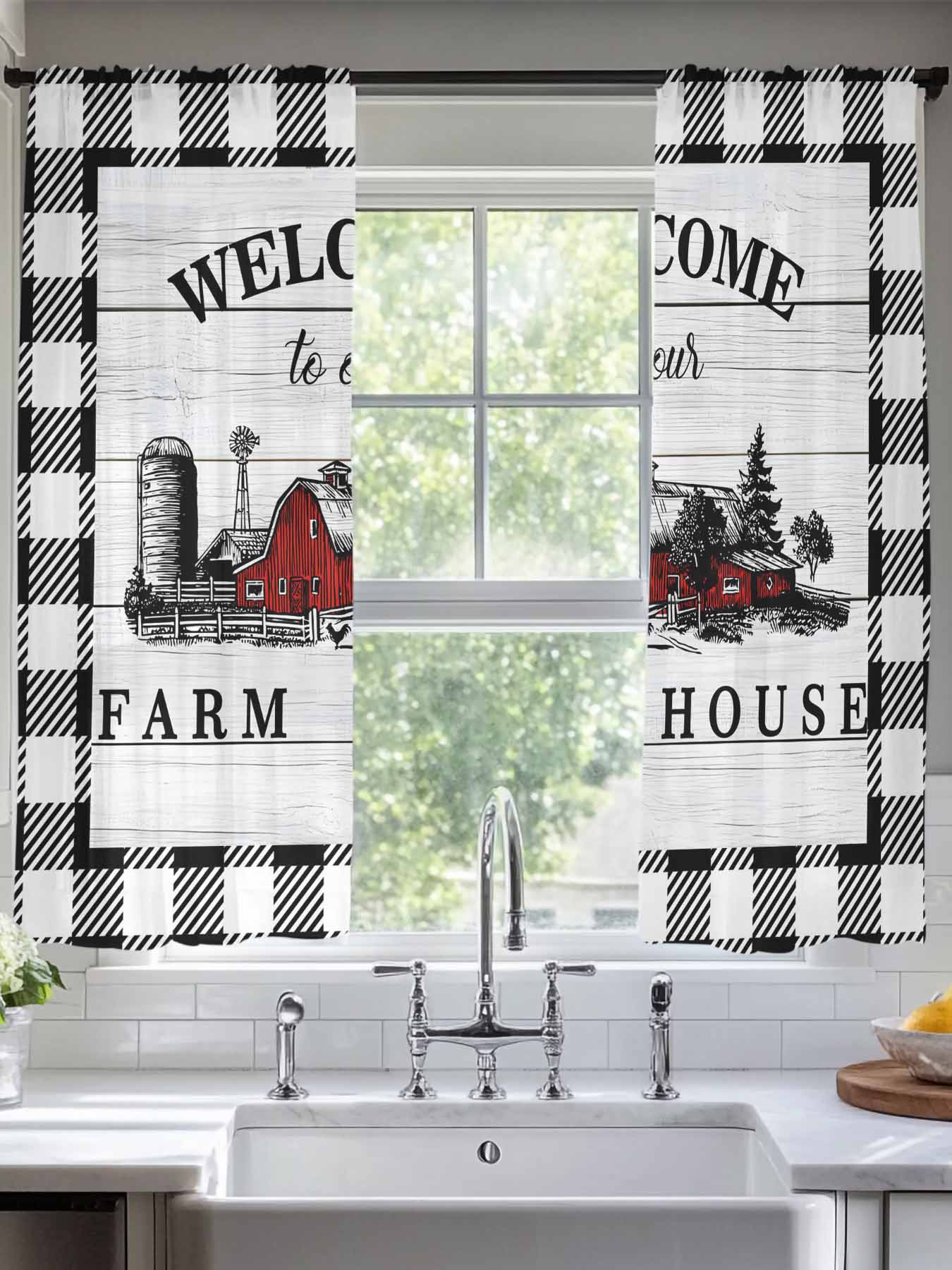 Welcome to Our Farm House Sheer Curtains for Living Room Bedroom, Red Barn Vintage Black White Plaid Wood Grain Light Filtering Sheer Curtains, Rod Pocket Voile Window Drapes, 2 Panels Set 52"x 63"